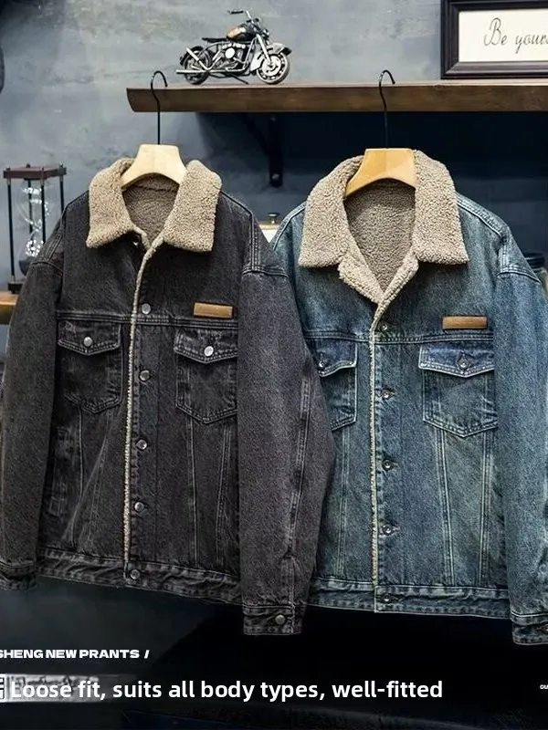 

Retro American Fce Lined Denim Jaet Men's Loose Fit Warmth Faion Autumn Winter Casual Outerwear Polyester Fabric
