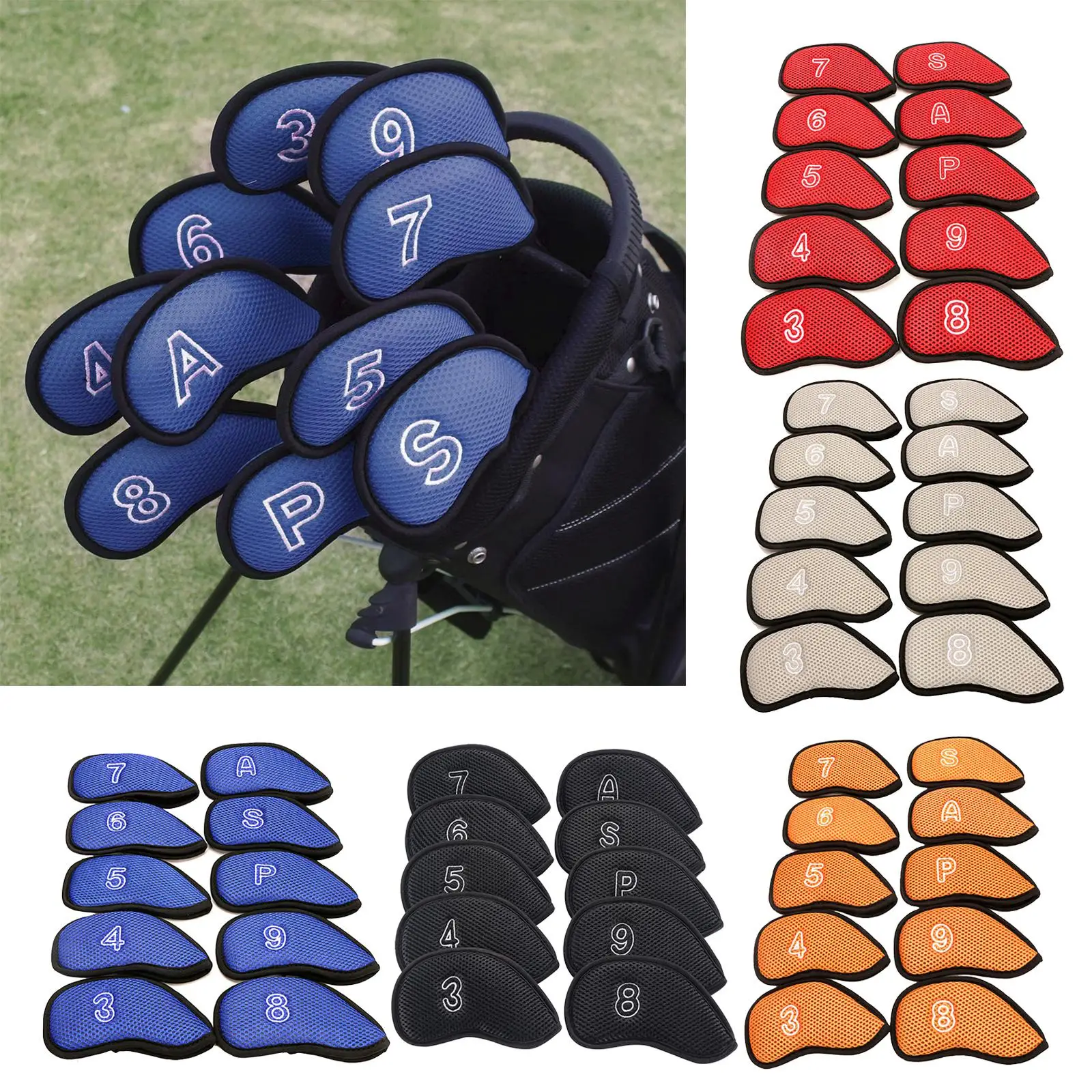 

Набор из 10 сетчатых чехлов для клюшек для гольфа (3, 4, 5, 6, 7, 8, 9, S, A, P), подходят для большинства айронов, легкие, мягкие