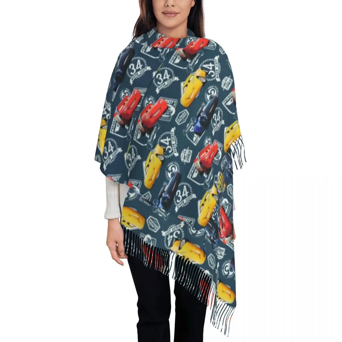 Custom Lightning McQueen Car Racing Scarf Wrap for Women Long Winter Fall Warm Tassel Shawl Unisex Scarves