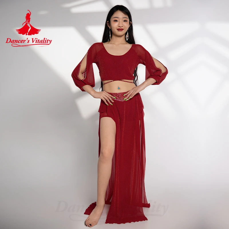 

Belly Dance Performance Costume Set for Women Winter Long Sleeves Top+AB Stones Long Skirt 2pcs Adult Girl Belly Dancing Outfit