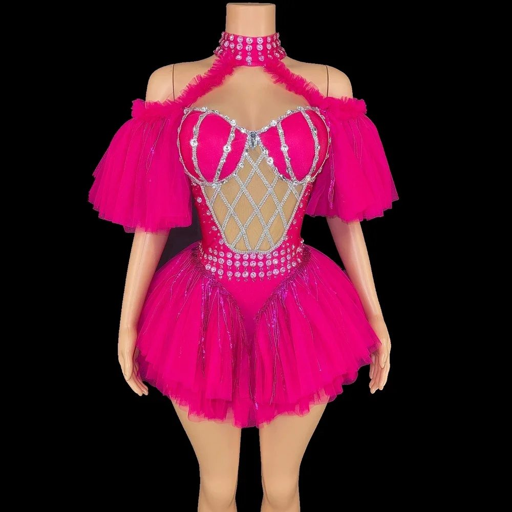 

Sexy Sequins Tassels Off-The-Shoulder Mesh Bodysuit Evening Party Dress Performance Dance Costume Nightclub Dancer Stage Wear