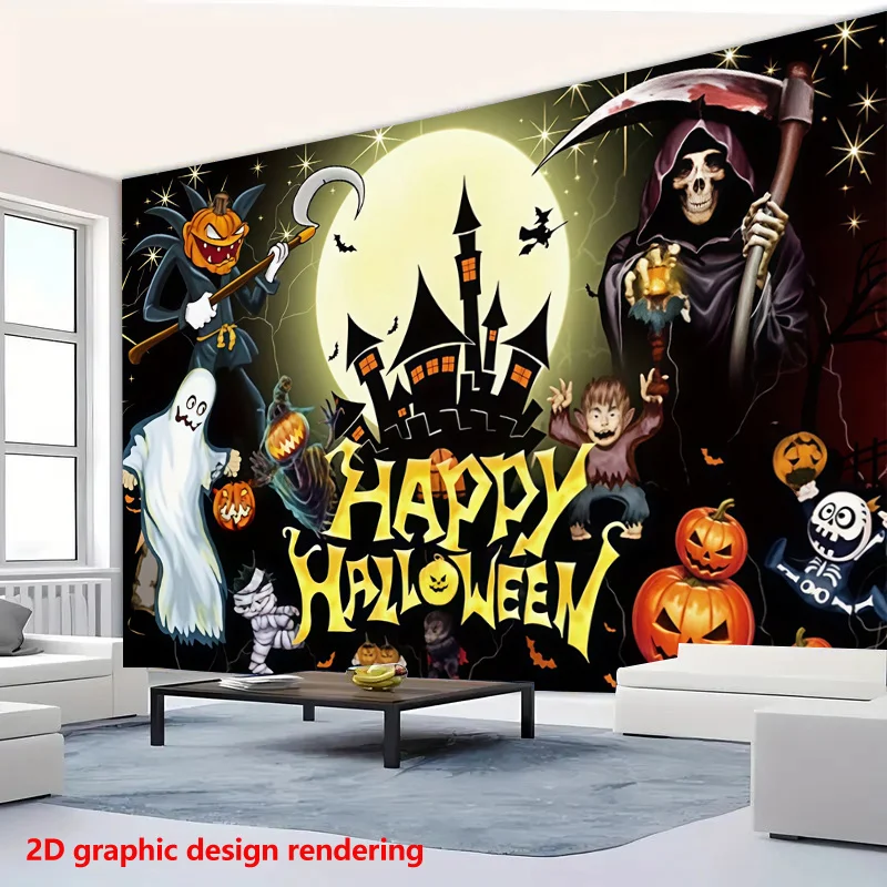 Happy Halloween Tapestry, Spooky Castle Ghost Pumpkin Wall Hanging, Horror Party Decor for Living Room Bedroom Background