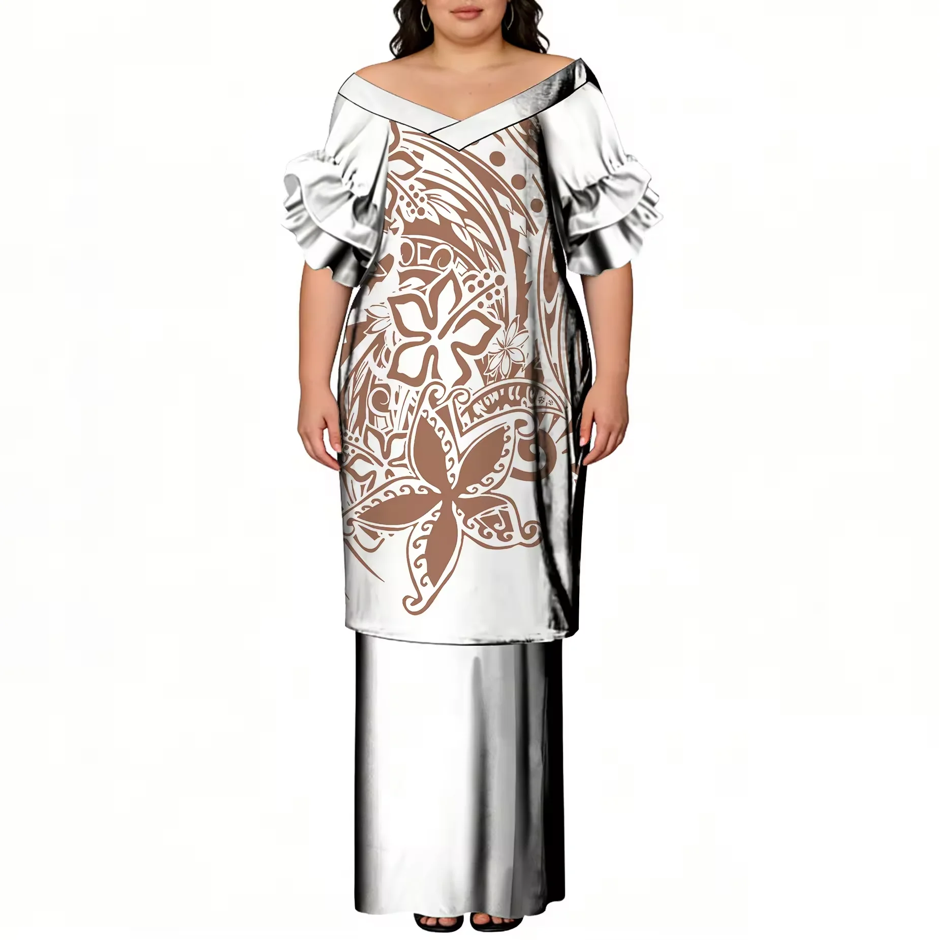 Women Custom Polynesian Tribal Print Puletasi Outfit Off Shoulder Ruffle Sleeve Samoan Traditional Two Piece Long Vacation Dress