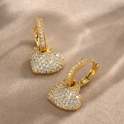 Trendy Gold Plated White CZ Stone Ear Jewelry Heart Huggie Hoop Earrings Dainty Drop Earrings for Women