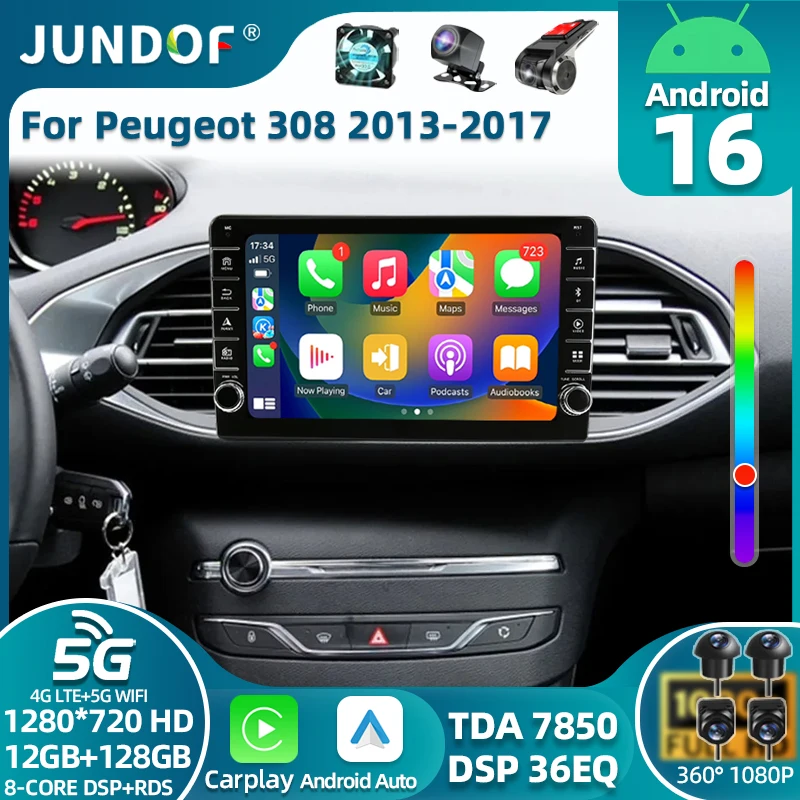 Car Radio 2 Din Android 16 Auto For Peugeot 308 T9 308S 2013 - 2017 Multimedia Video Player 4G GPS Track Wireless Carplay 8 Core