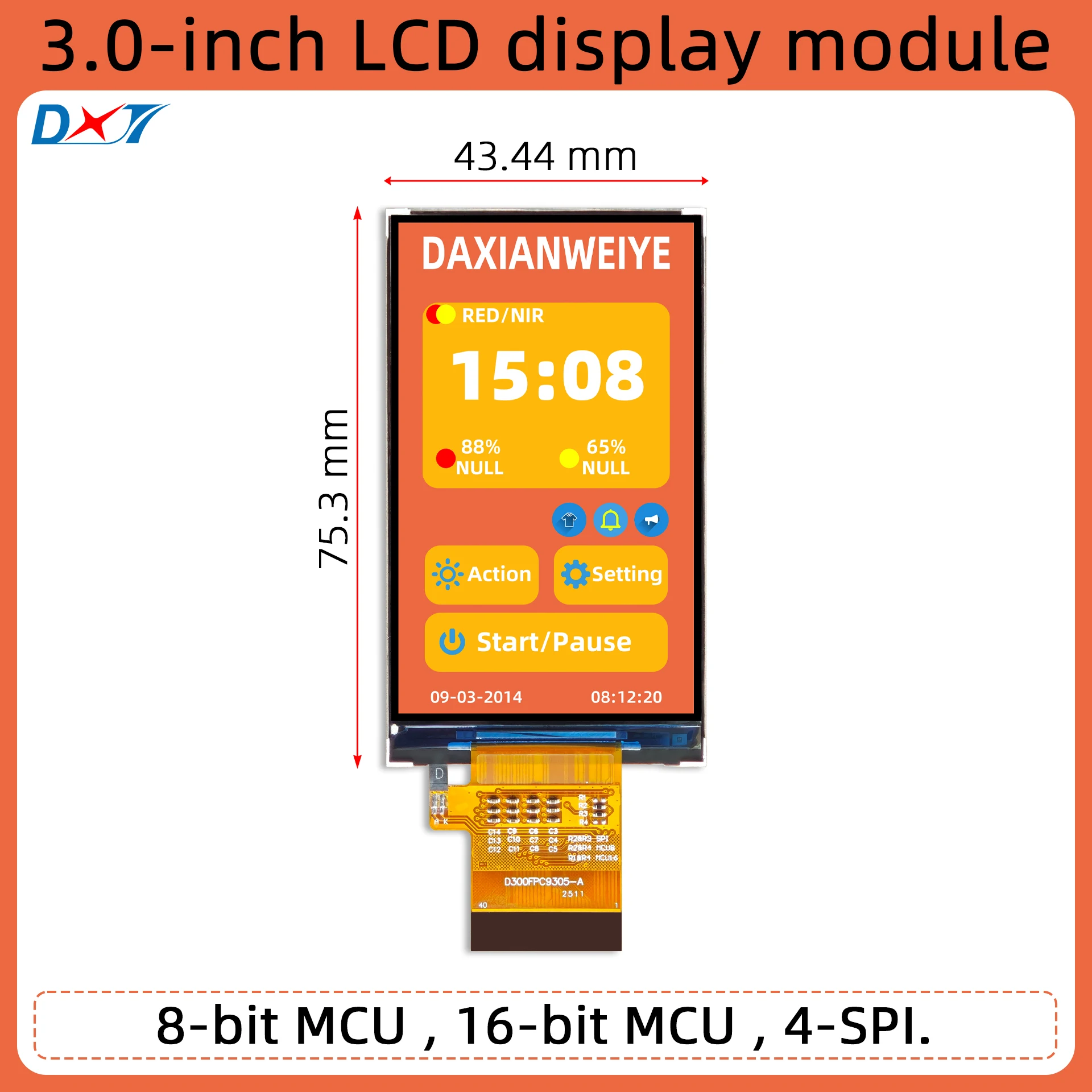 3 Inch LCD Display Module ILI9327 Resolution 240*400 MCU 8 Bit, 16 Bit Interface SPI Interface 3.0 Inch TFT LCD D300FPC9305-A