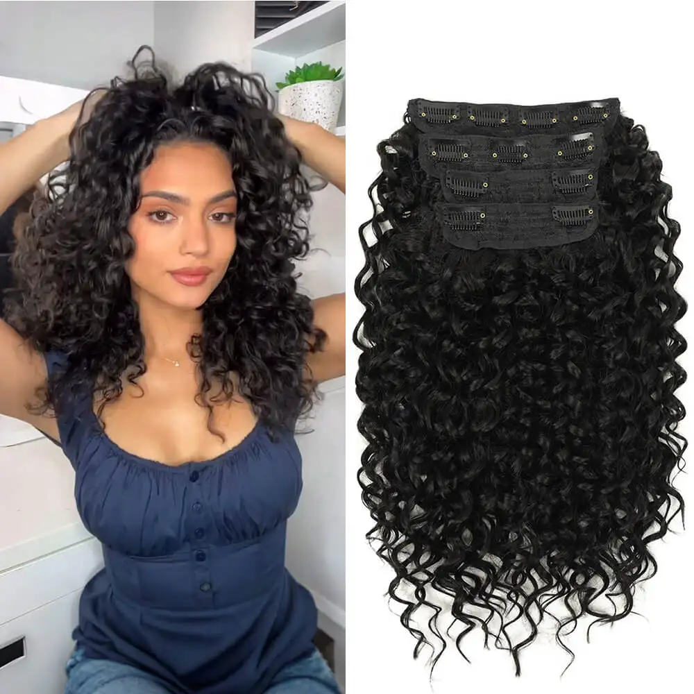 

14inch Synthetic Jerry Curly Hair Extensions Double Weft 4PCS/Set Clip-In Full Head Organic Ice Silk Hairpiece Black/Brown