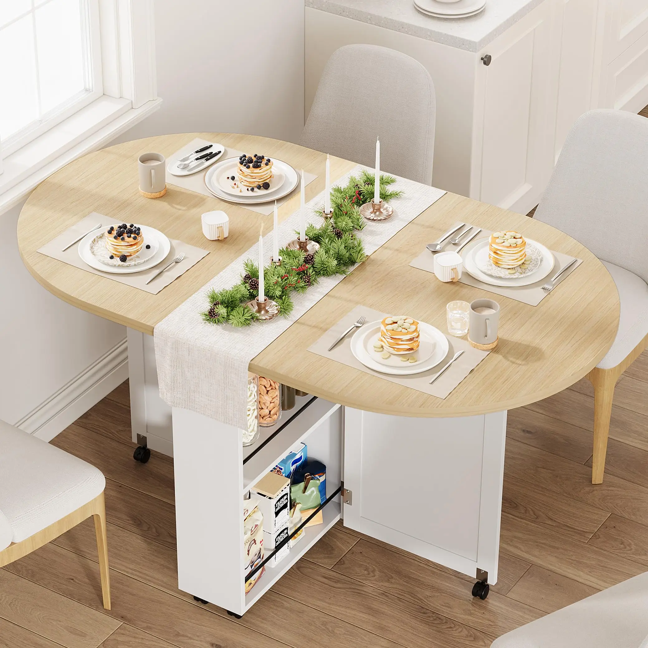 Folding Dining Table with 2-Layer Storage Shelvese,Multi-Functional Kitchen and Dining Table with Lockable Casters for Small Space