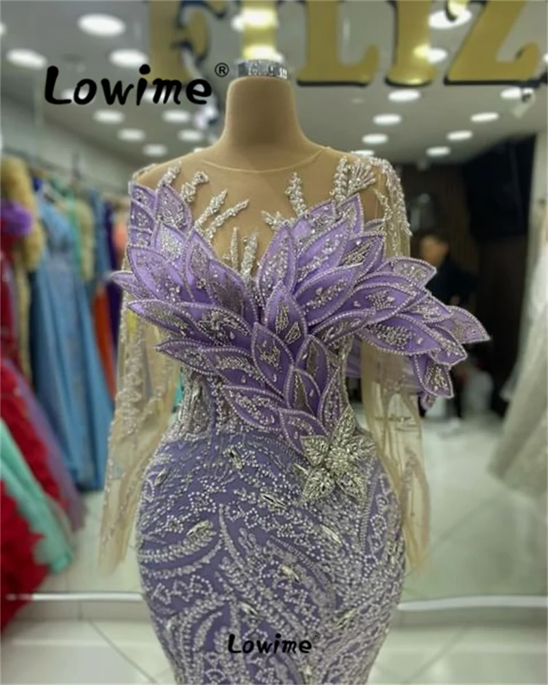 Abendkleider Purple 5D Leaf Aso Ebi Crystal Mermaid Prom Dresses Sequined Evening Formal Party Second Reception Engagement Dress