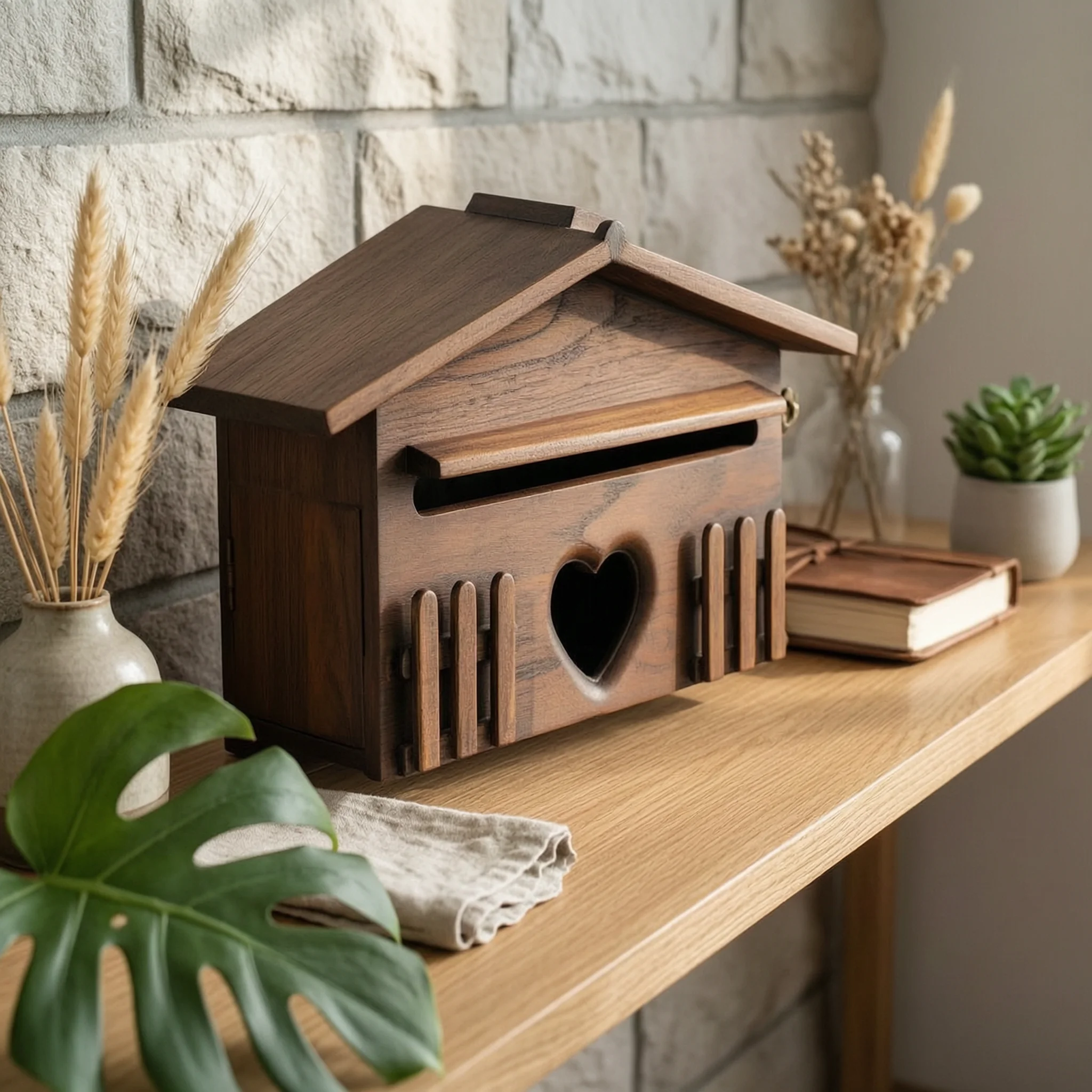 Wooden Mailbox Wood Finish Decorative Wall Mailbox Household Fixture Easy to Install Outdoor Storage House-Shaped for Garden