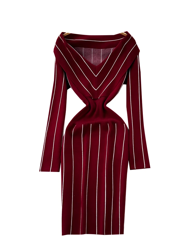 Ele V-ne Long Sve Striped Knitted Dr Women's Slim Fit Bodycon Skirt High Waist Korean Sle Commute Summer Polyes...