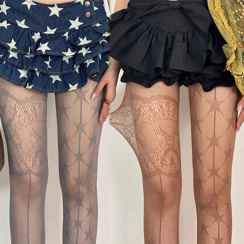 

Y2K AB уникальные кофейные колготки в стиле панк, женские сексуальные ажурные чулки, готическая Лолита JK, милые кружевные сетчатые колготки с пятиконечной звездой и принтом