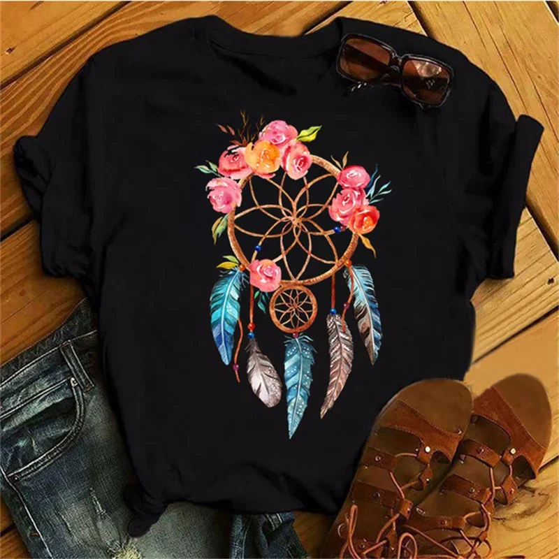 Women Summer Short Sleeve Dreamcatcher Feather Fashion Print Lady T-shirts Top T Shirt Ladies Womens Graphic Tee T-Shirt