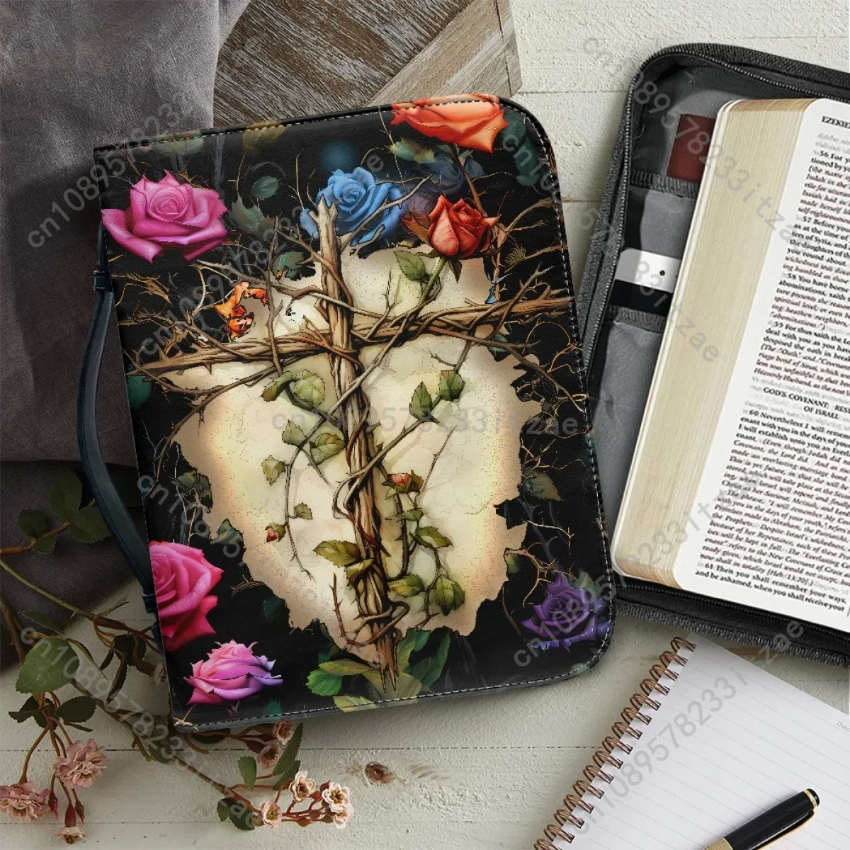 

Vintage Cross Floral Print PU Leather Handbag Zipper Handle Bible Carrying Case Custom Christian Bags Handle Study Book Boxes