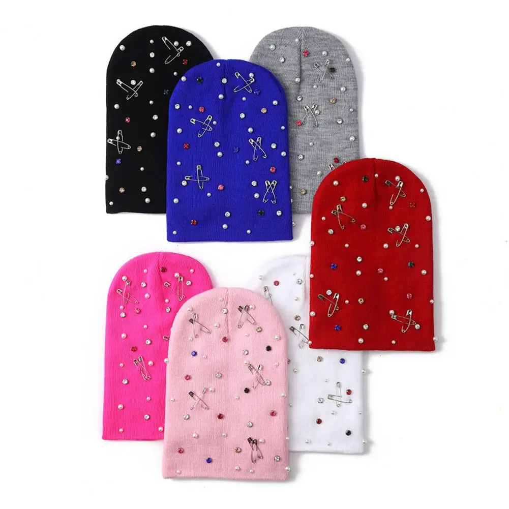 Winter Warm Acrylic Hat Colorful Rhinestone Knit Hat Faux Pearl Safety Pin Bling Winter Warm Hop Cap Luxury for Women
