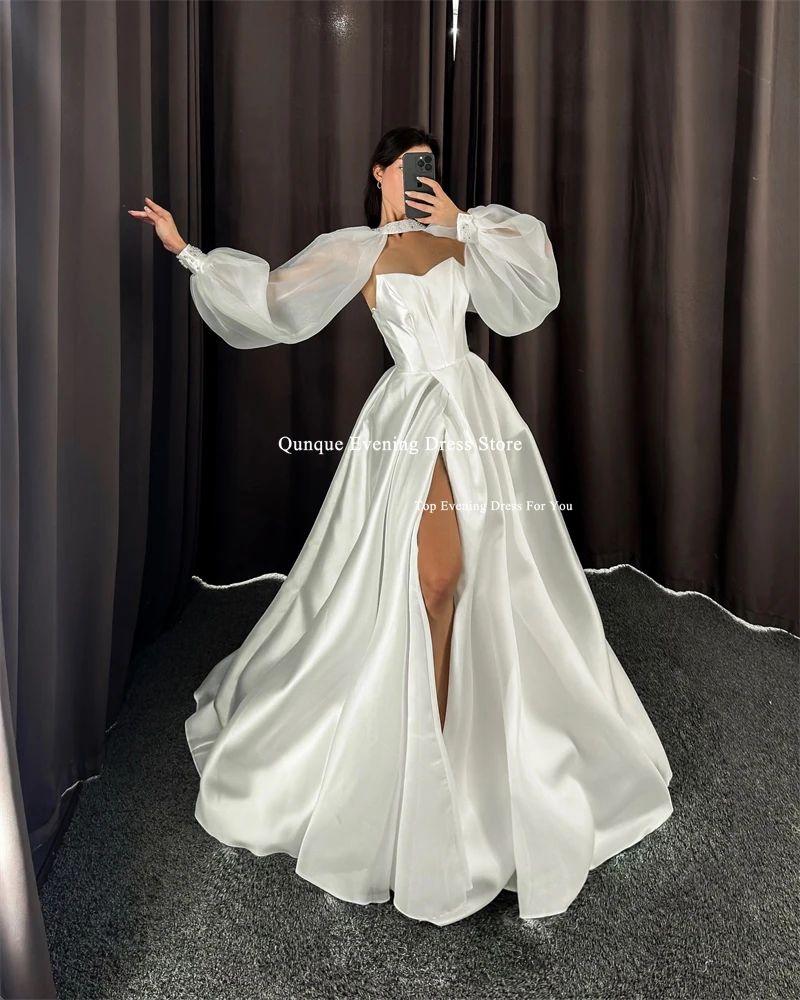 Qunque A-Line Satin Wedding Dresses With Jacket Beaded Vestidos De Novia High Split Long Bridal Gowns Robe De Mariée Customized