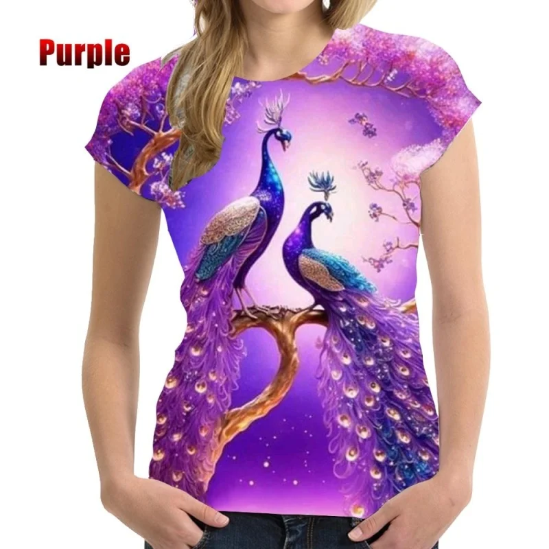 Fashion Women Summer O-neck Peacock Printed Short Sleeve Casual Loose T Shirt for Women