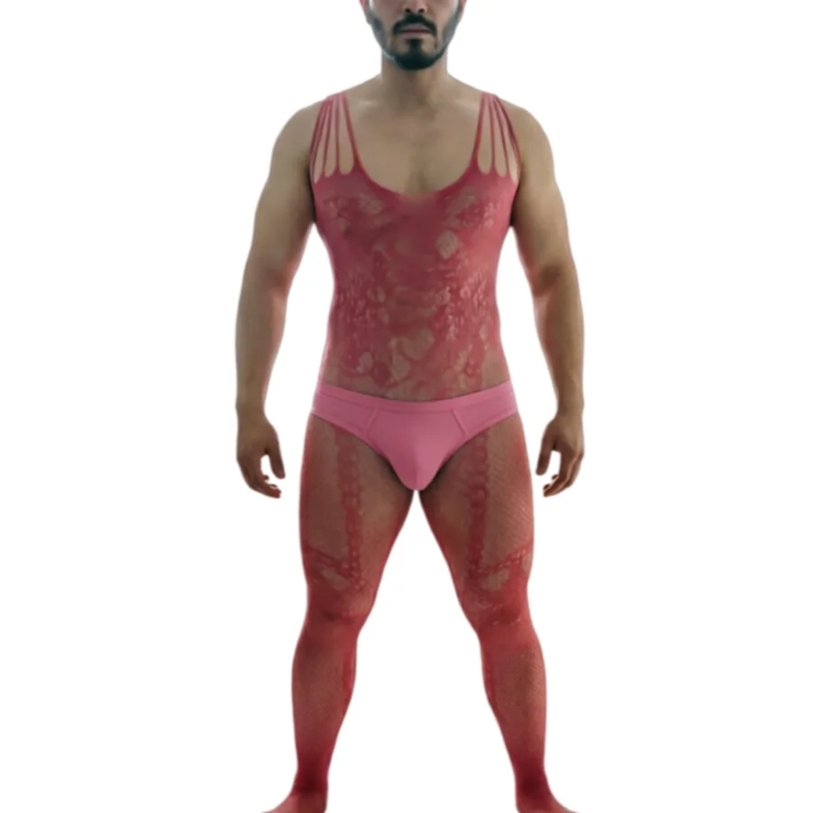 

Fetish Hot Pink Bodysuits Men's Sexy Bodystockings Sissy Exotic Apparel Open Crotch Pantyhose Male Breathable Fishnet Night Wear