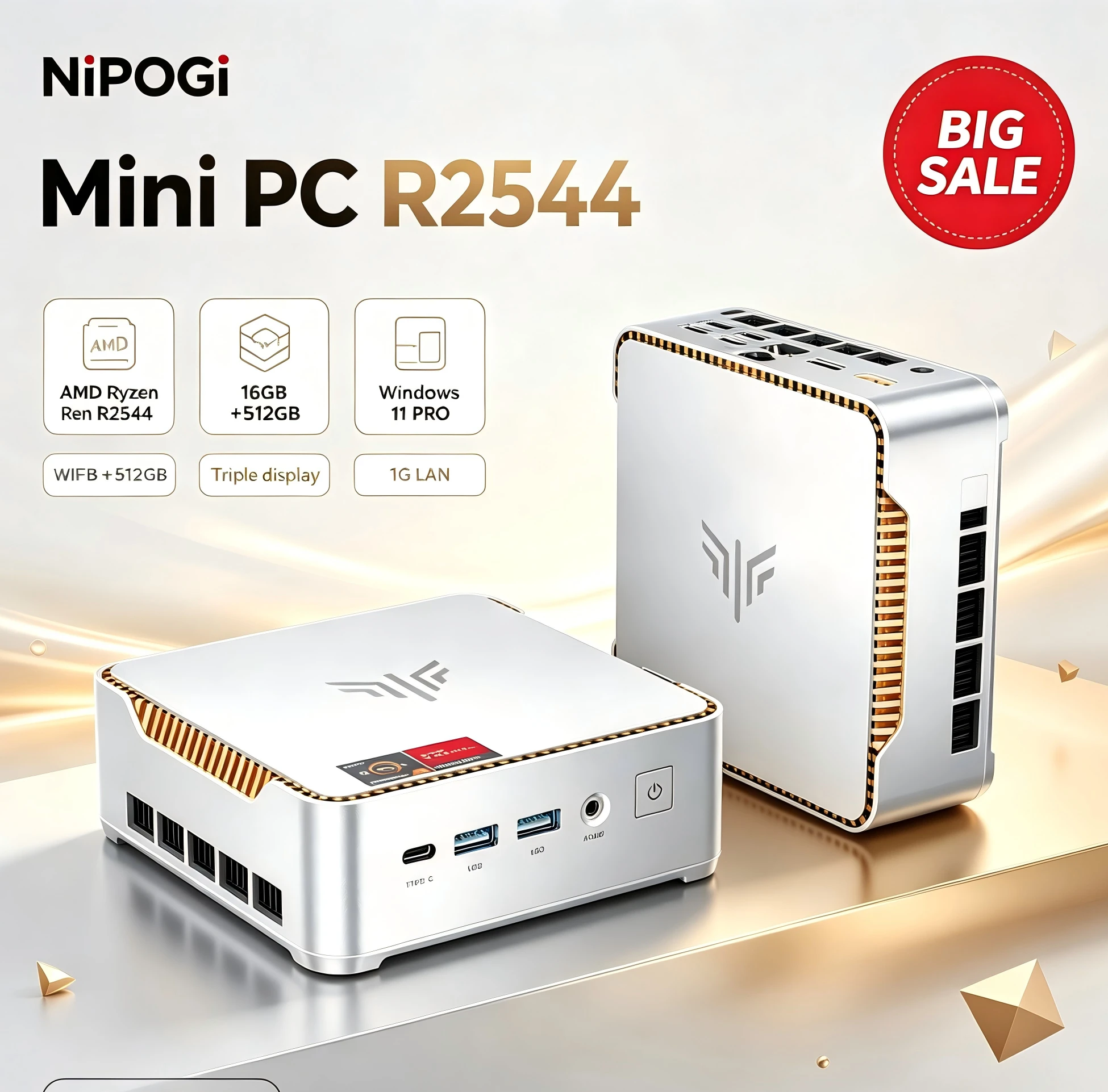 니포지 미니 PC AMD 라이젠 R2544, 비트 4300U 최대 3.7GHz) 16GB DDR4 512GB 트리플 4K 디스플레이 윈도우 11 PRO 오피스 홈 데스크탑 PC