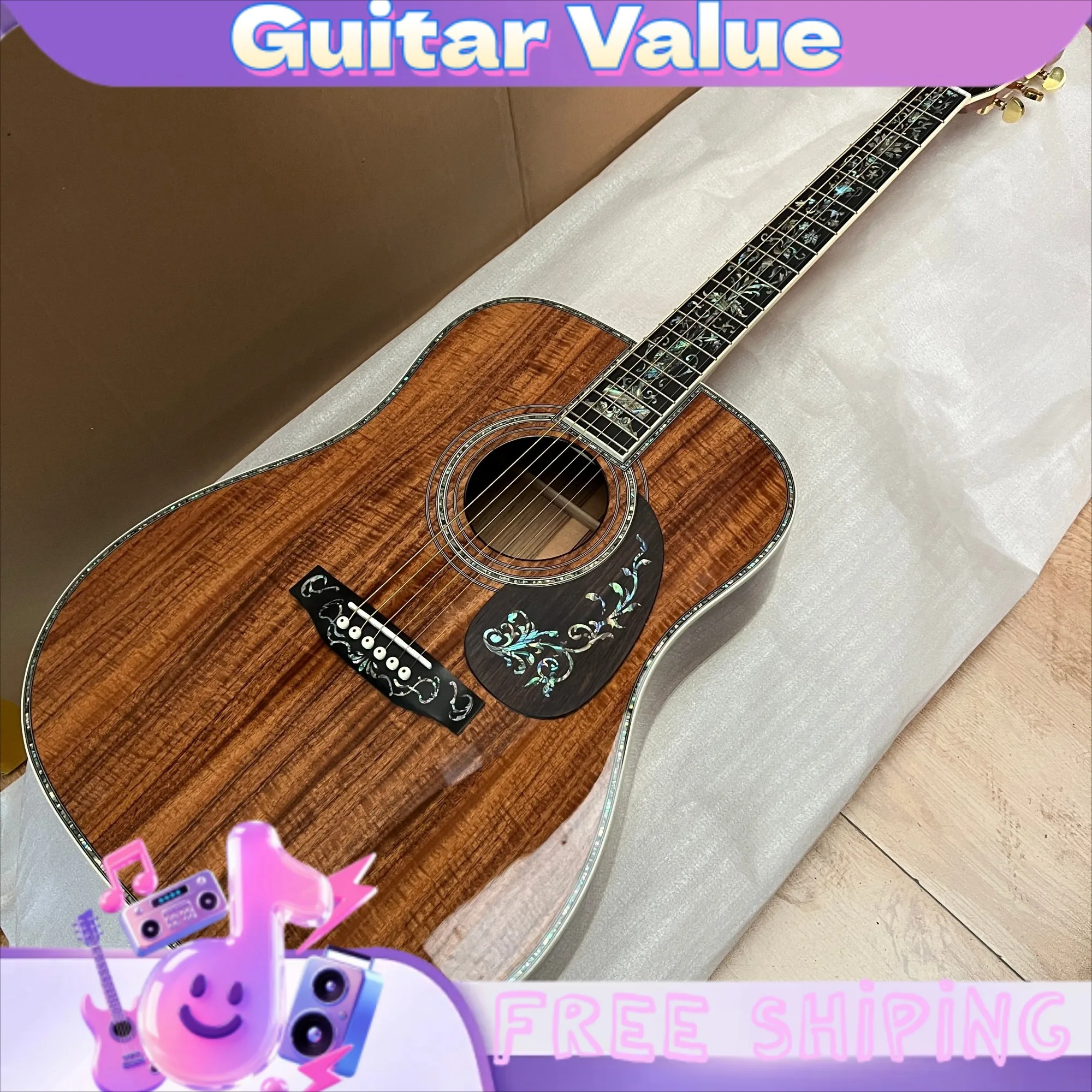 41 Inch D45 KOA  Luxury Abalone Body Inlay Acoustic Guitar Koa Back Sides Ebony Grand Floral Vase Motif with Round