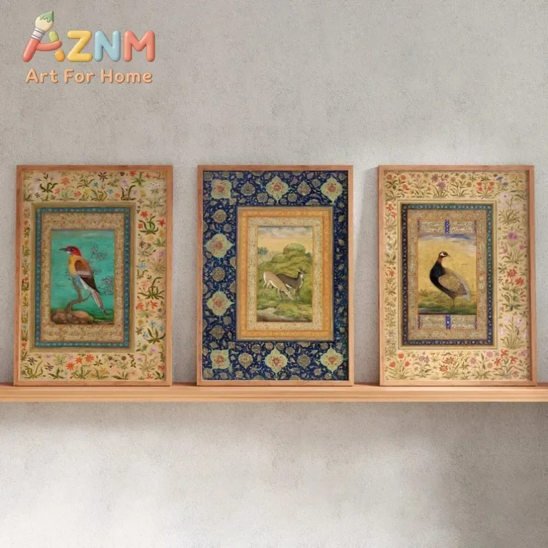 Persian Prints: Birds & Deer (Traditional Persian / Mughal Art Prints of Miniature Paintings) Wall Art, Home Decor Framless