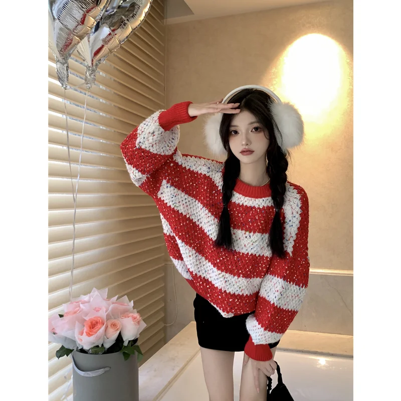 Women's Fashion New Style Design Sense Red and White Stripe Knitted Sweater Temperament Versatile Comfortable Blouse Autumn Coat