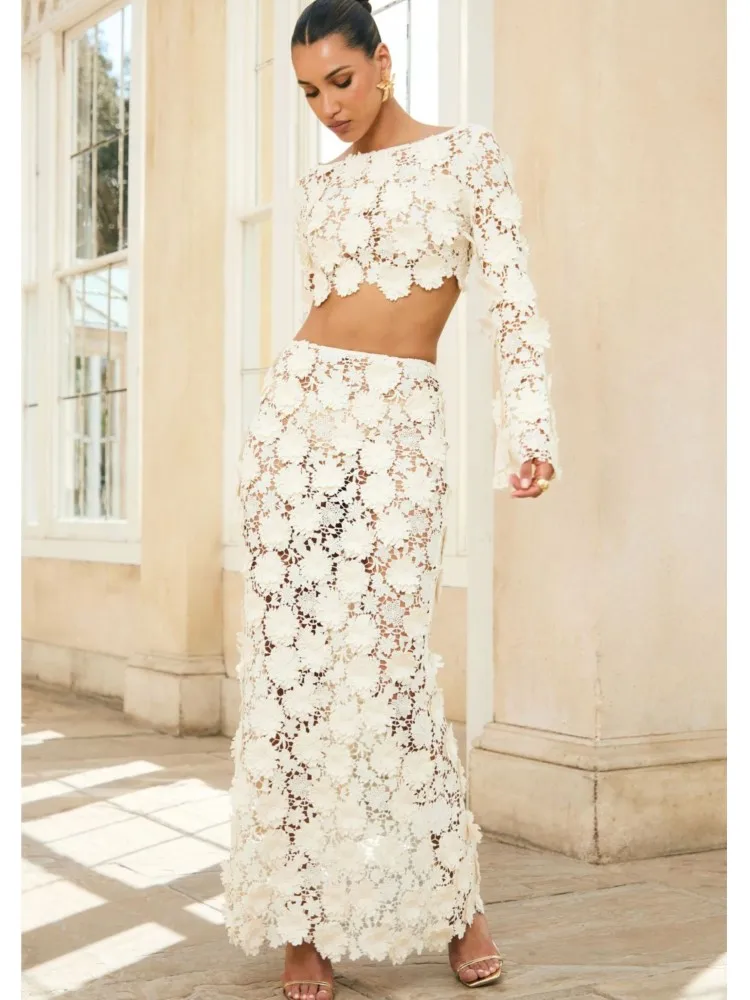 Swimwear Skirt Cover-up 2 Piece Set Women Crop Tops And Maxi Skirt Bathing Suit Fashion Solid Hollow Sexy Beach Cover Up Outfits