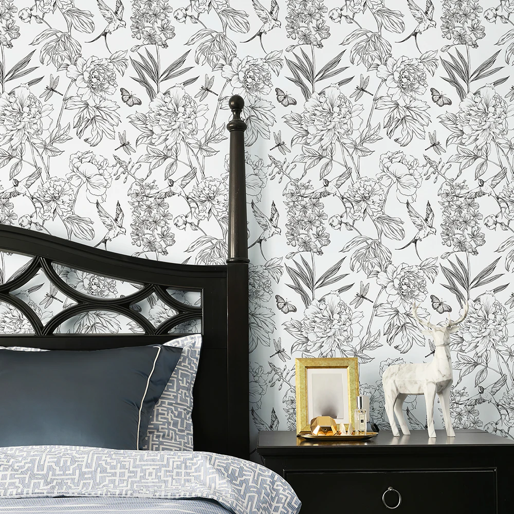 الرجعية خط رسم الأزهار خلفية الأبيض والأسود زهرة PVC خزانة أثاث ملصق خمر الطيور للإزالة جدار ديكور