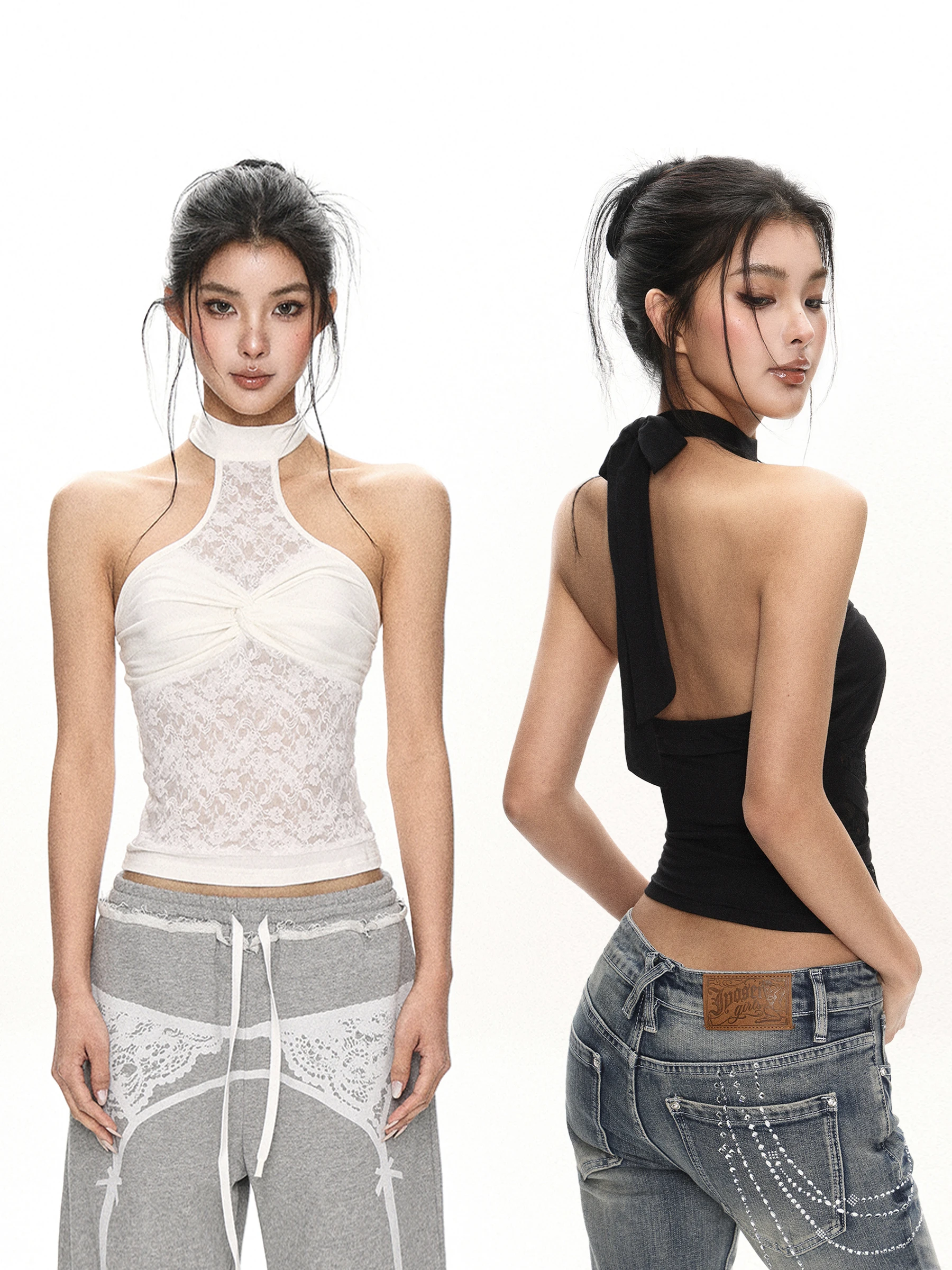 

Style Spicy Girl Lace Tie Backless Sleeveless Vest Women's Summer Fashion Sensation Neck Hanging Strap Top