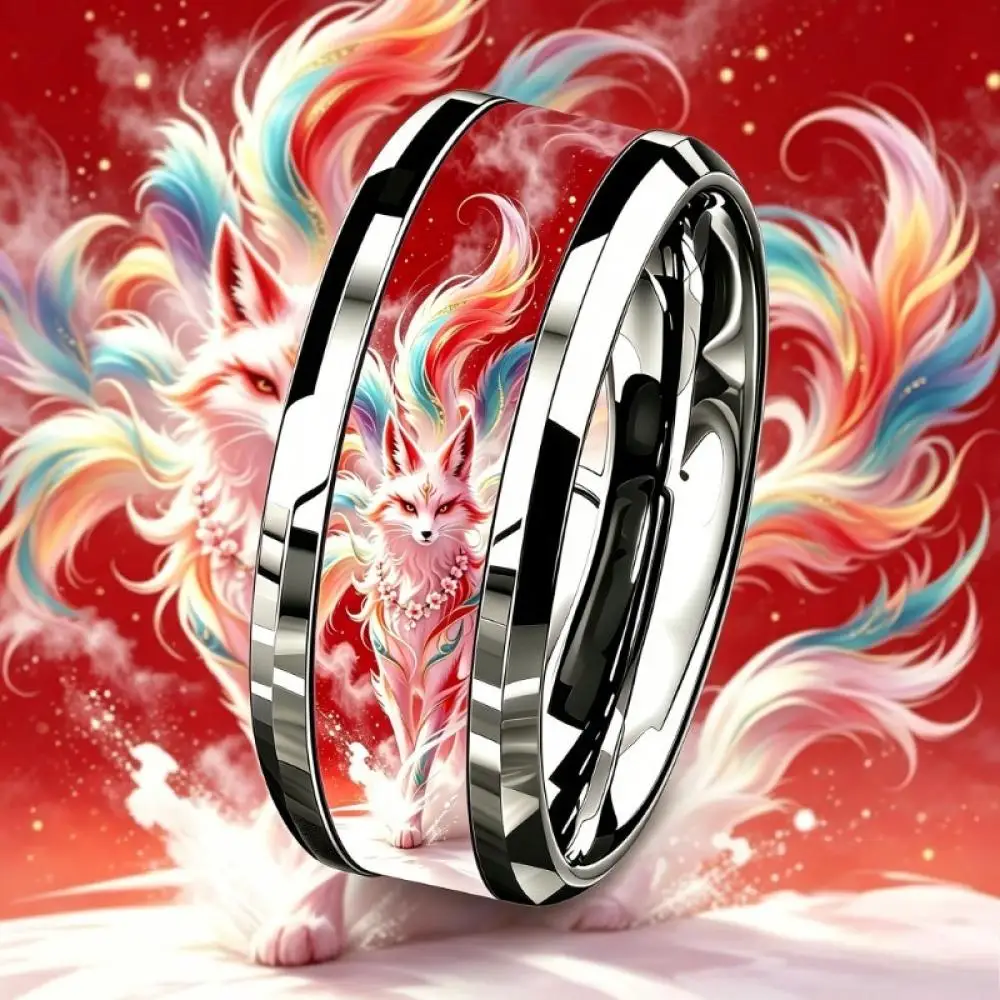 Mythical Nine Tailed Fox Ring, Chinese Style Spirit Fox Inlay Design Stainless Steel Ring, Wedding Jewelry Gift for Birthday