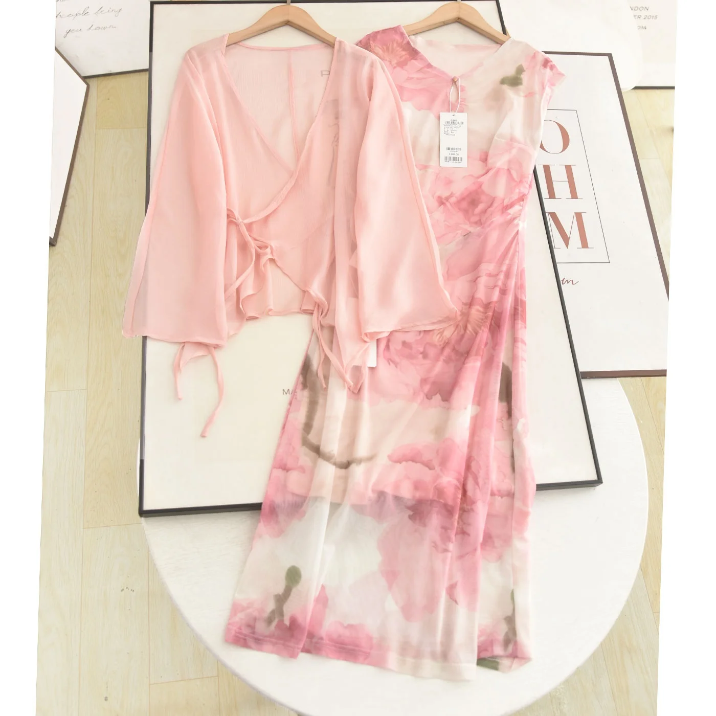 

New Chinese Style Printed Shirt Waist Belt Slim Fit Dress Two Piece Set Women's Fashion Summer Outfit High Waist Skirt