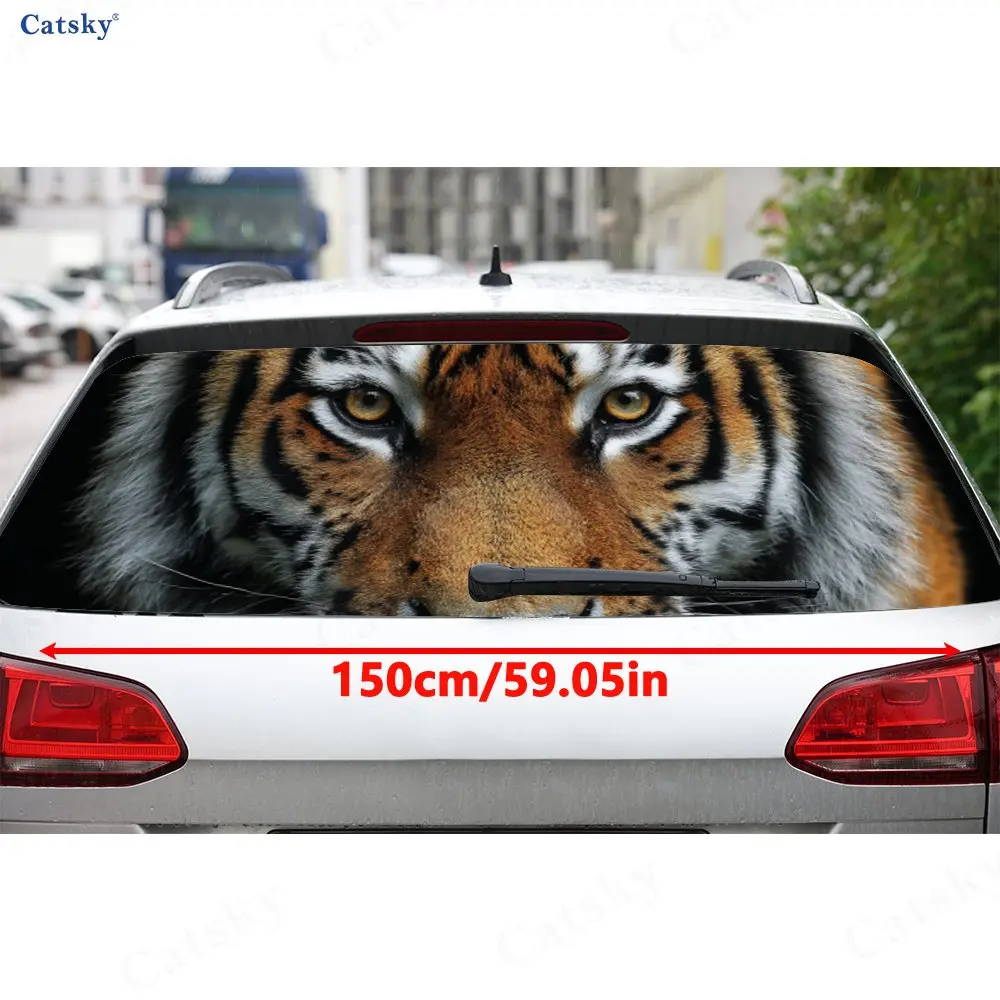 Realistic Tiger Golden-Eyed Wild PVC Perforated Car Vinyl Wraps, Durable Car Rear Windshield Sticker, Waterproof Car Rear Window