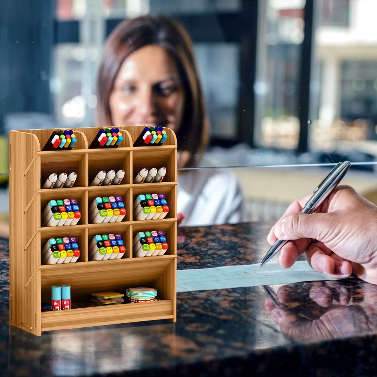 Diagonal Inserted Wooden Pen Container Multi Grid Desktop Pen Box Natural Wood Stationery Storage Supply Office Desk Organizer