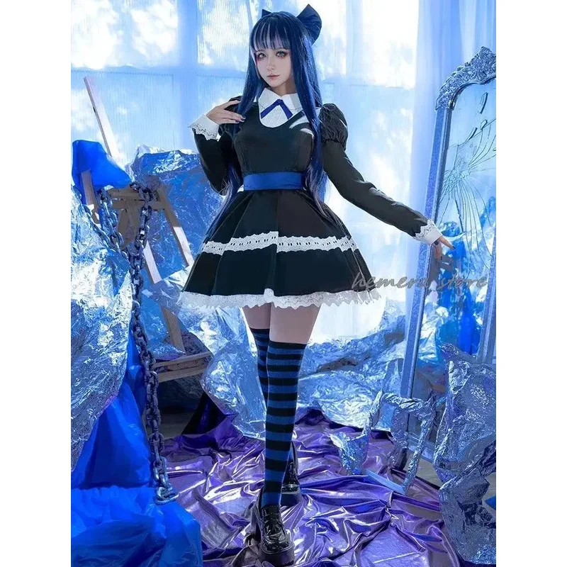 

Panty & Stocking With Garterbelt Stocking Anarchy Cosplay Costume Black Dress Uniform Long Wig Bow Tie Hairpin Striped Stockings
