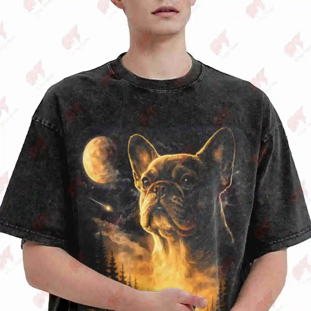 French Bulldog Howling Moon Vintage Washed Tee Pure Cotton T-Shirt
