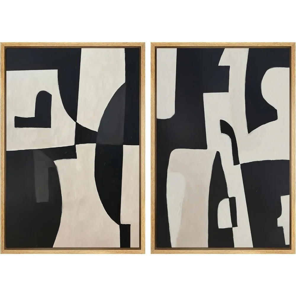 مجموعة فنية جدارية مطبوعة على القماش مؤطرة باللونين الأسود والبيج، رسوم توضيحية هندسية حديثة وجريئة وبسيطة، حد أدنى للديكور زن #1