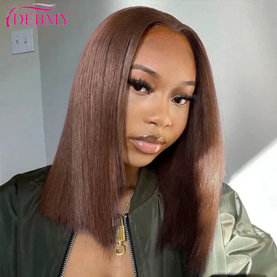

Chocolate Brown Short Bob Wig HD Lace Front Human Hair Wigs Pre Plucked Colored 13x4 Dark Brown Bone Straight Lace Frontal Wig