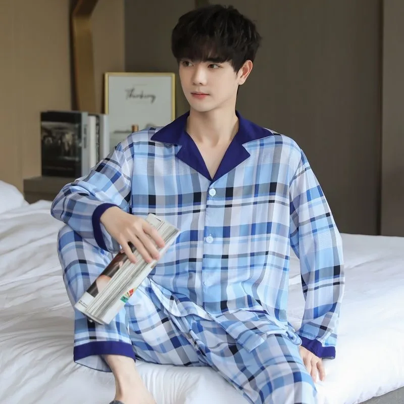 Men Long Sleeved Pajamas Pure Cotton Spring Pyjamas Thin Large Size Nightdress Lapel Plaid Sleepwear Simple Printed Loungewear