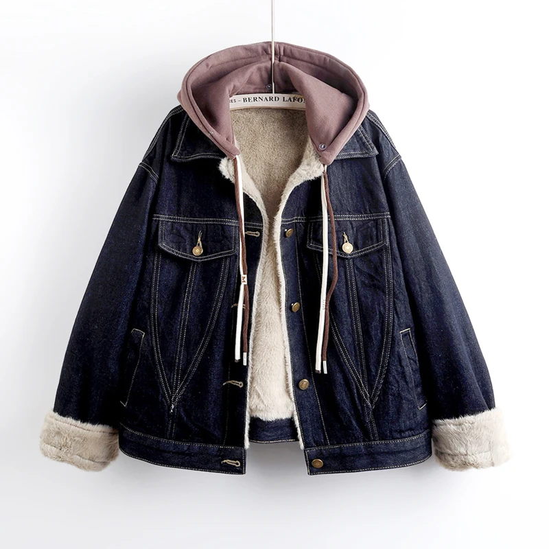 

Джинсовая куртка с капюшоном из овечьей шерсти и меховой подкладкой, женская ковбойская верхняя одежда, винтажная зимняя толстая теплая свободная короткая джинсовая куртка, женские куртки