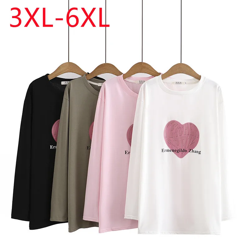 New 2023 Ladies Spring Summer Plus Size Tops For Women Large Size Long Sleeve O-neck Pink Print T-shirt 3XL 4XL 5XL 6XL