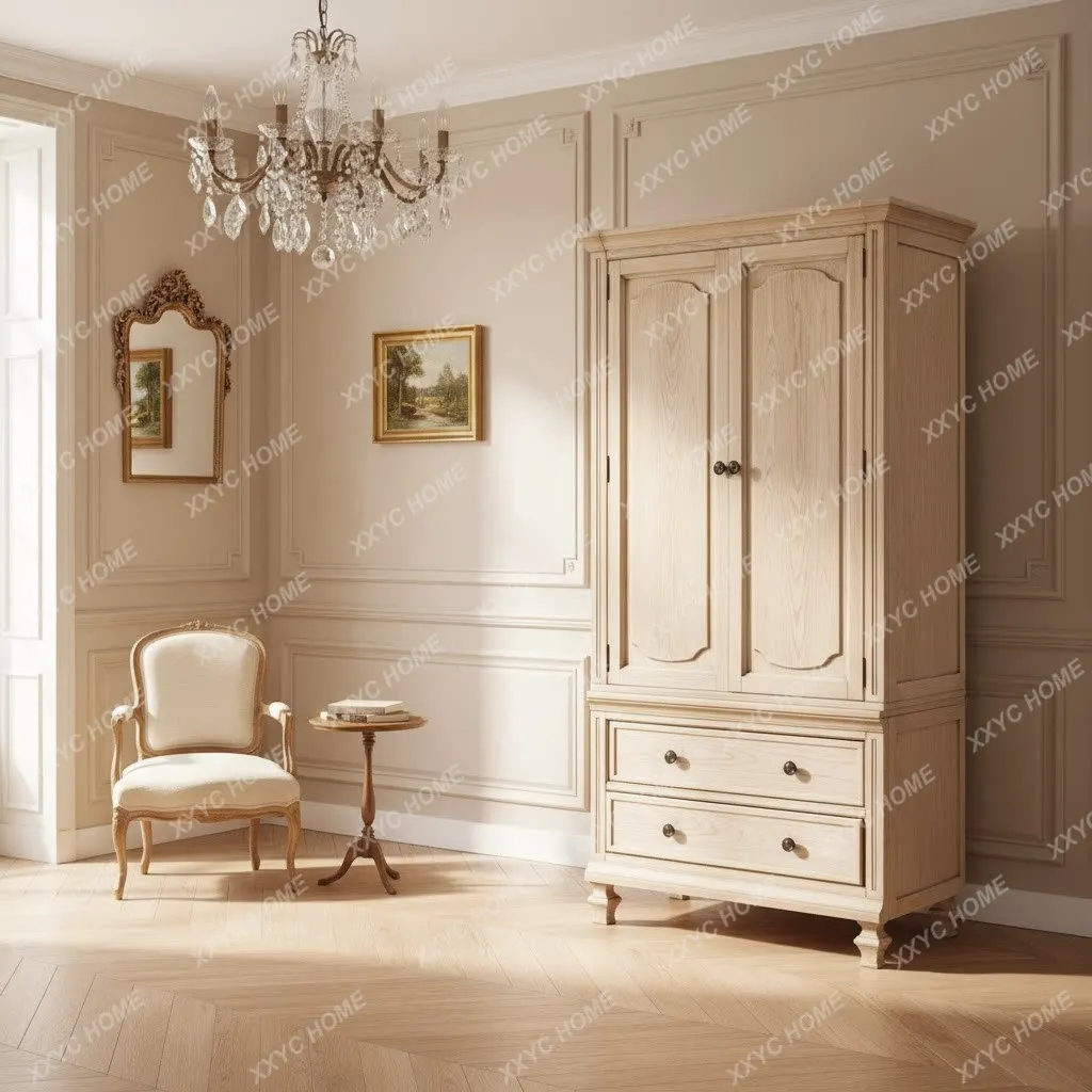 Vintage Solid Wood Double Door Wardrobe White Distressed Chest of Drawers  Oak