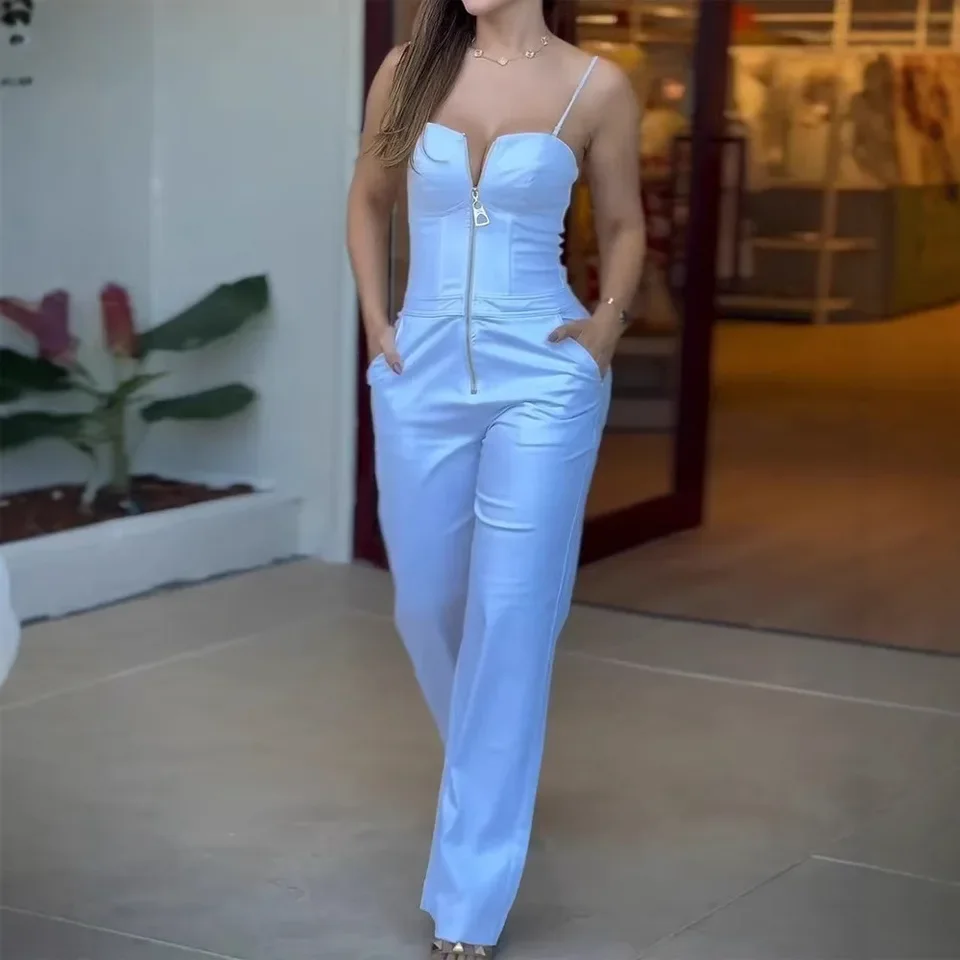 Elegant Jumpsuit for Women Streetwear 2025 Summer New Solid Camisole  Pocket Conjoined Y2k Sleeveless Body Pants Female