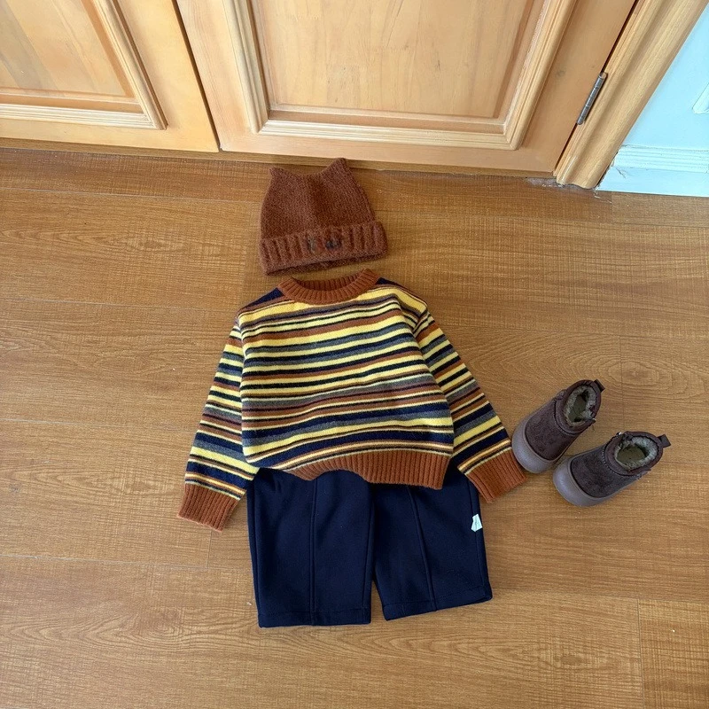 Striped Children's Sweater Retro Loose Knit Sweater Baby Autumn and Winter Soft and Sticky Top
