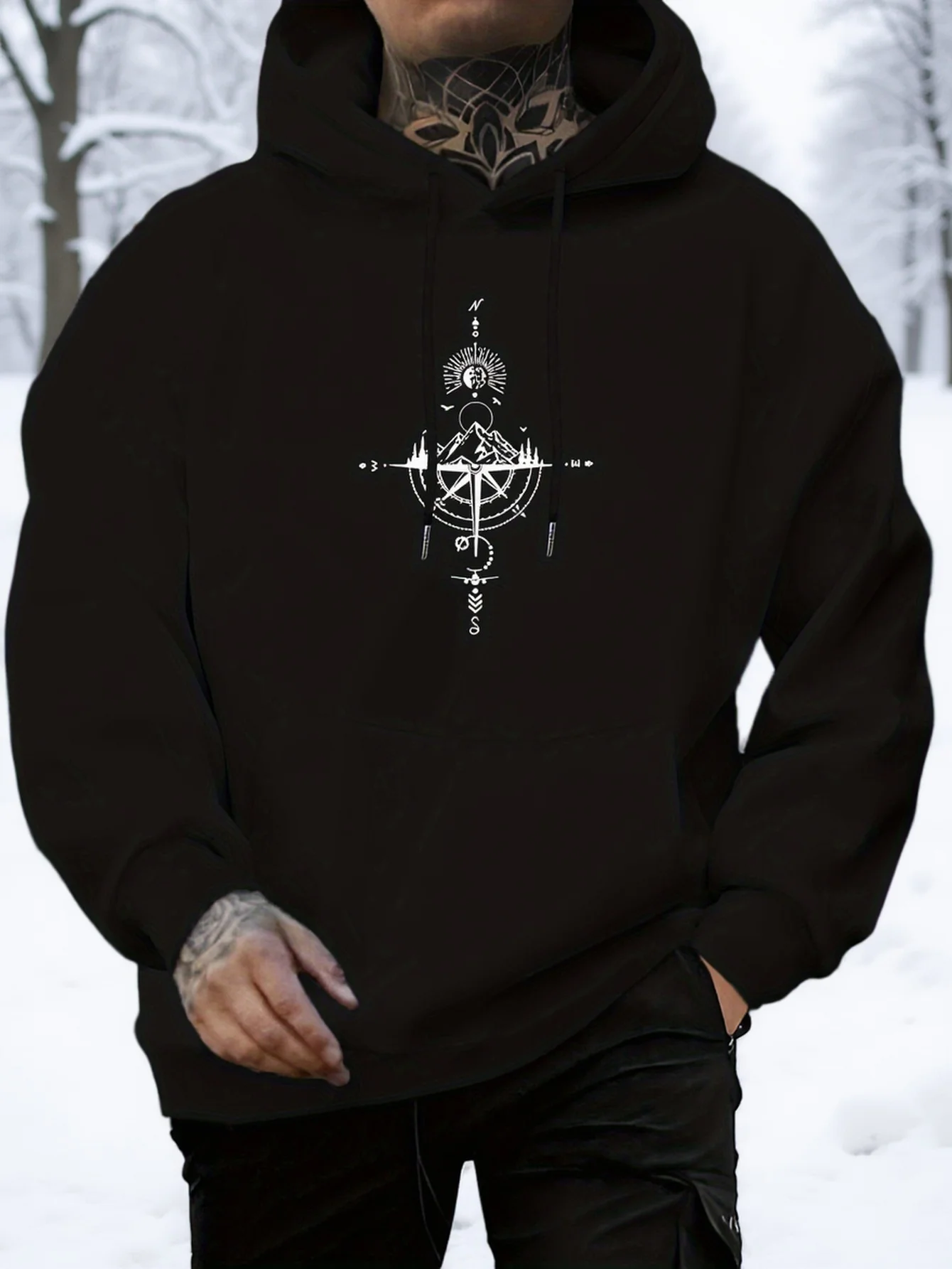 Outdoor Mountain Compass Graphic Fleece Hoodies Mens Y2K Vintage Athletic Workout Sweatshirt Warm Loose Pullover Clothes