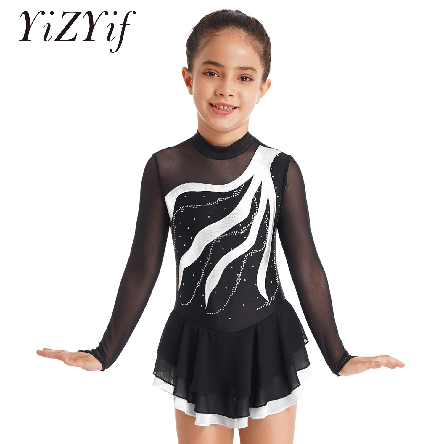 Ballet Gymnastics Leotard Kids Girls Figure Skating Dress Long Sleeve Mesh Lyrical Competition Stage Performance Costume