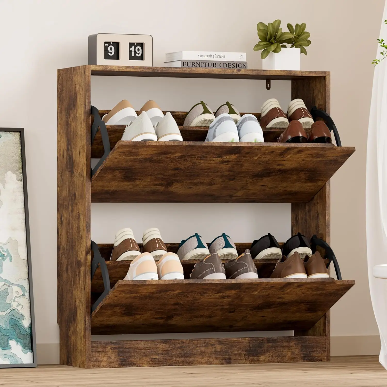 

Shoe Cabinet with 2 Flip Drawers, Slim Narrow Shoe Storage Cabinet, Freestanding Shoe Organizer with Adjustable &, Customized