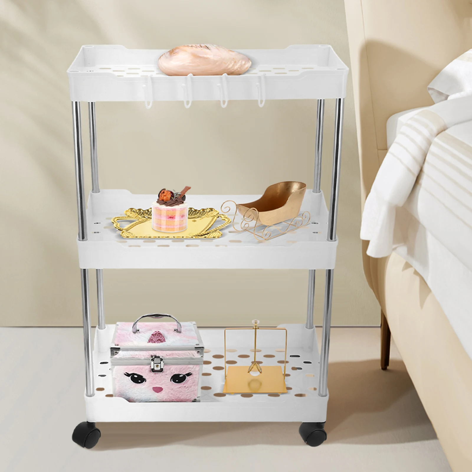 

Bathroom Storage Cart Organizer Folding Utility with Wheels Rolling Metal for Kitchen on Rack Can Move Shopping