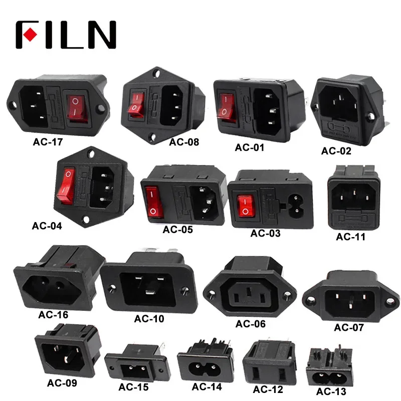 IEC320 C14 Electrical AC Socket 3 Pin Red LED 250V 10A Fuse Female Male Inlet Plug Connector 2 Pin Socket Mount Rocker Switch