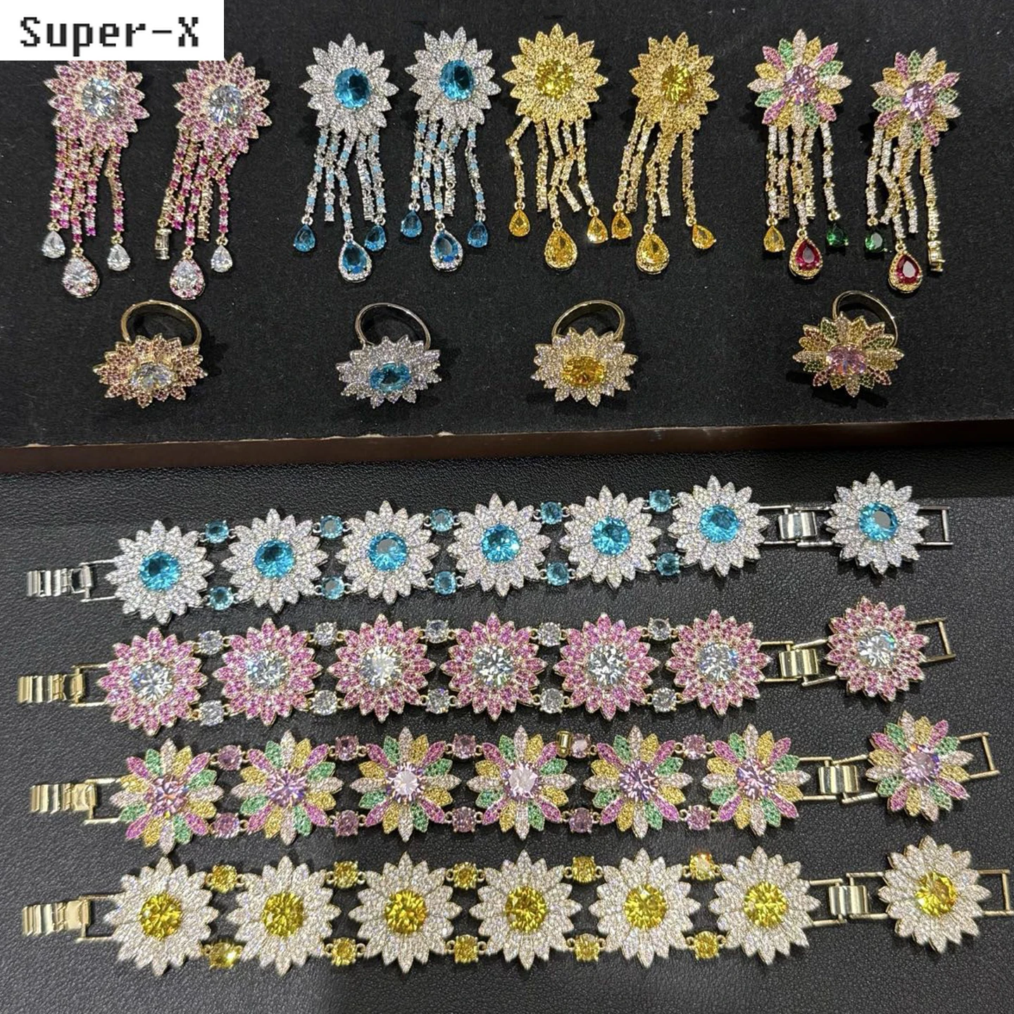 

luxury cubic zirconia bracelet earrings and ring for women shiny sweet jewelry set multicolor yellow blue pink flower jewelry
