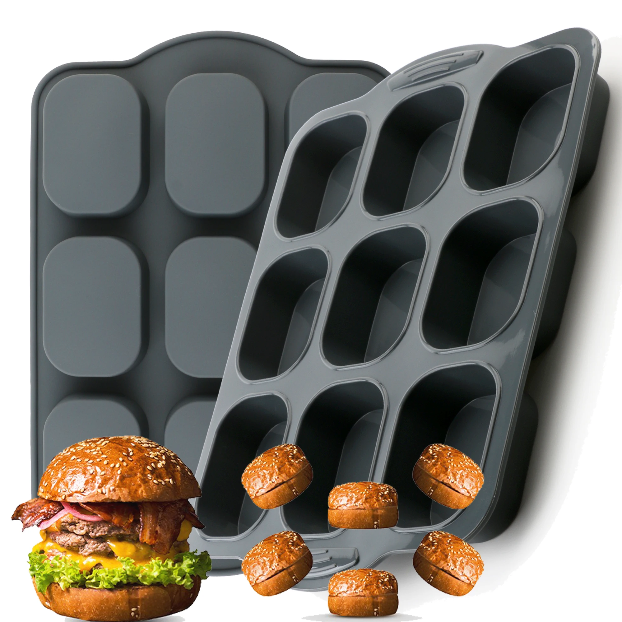 1 Pack Silicone French Bread Hot Dog 9-Hole Baking Tray, Rectangular Dark Gray Baking Tray Mold for Bread, Hamburgers, Hot Dogs